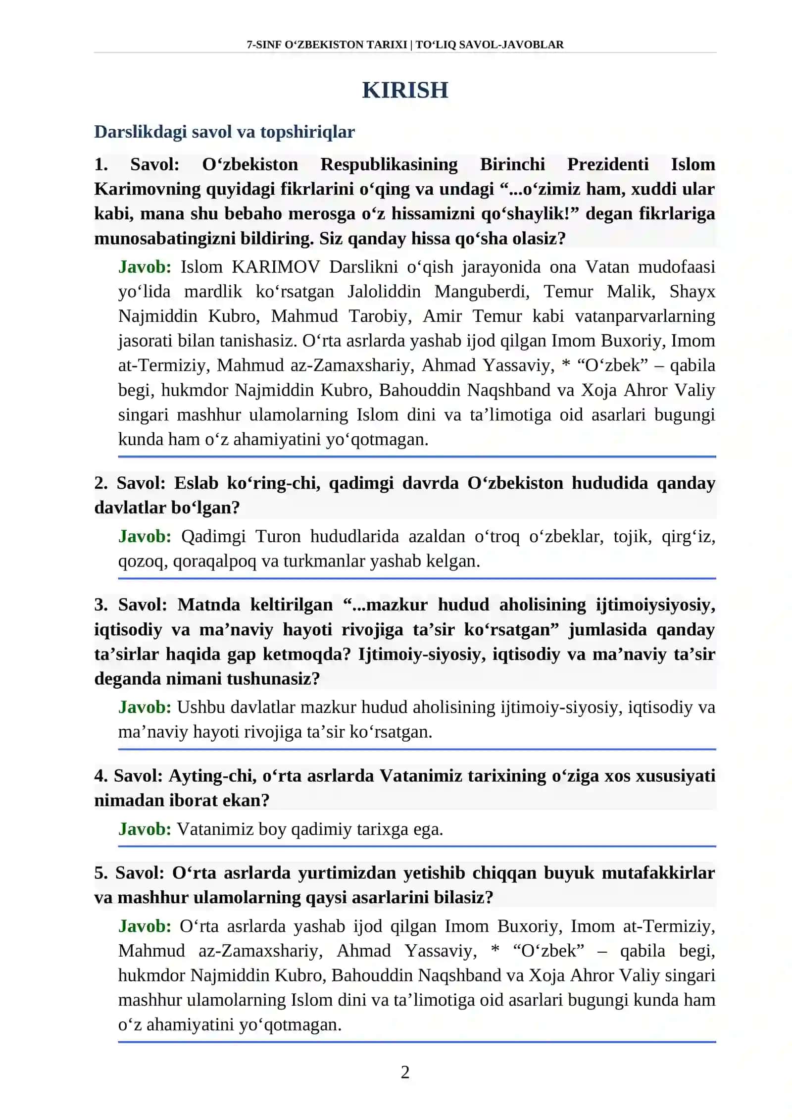 7-SINF O'ZBEKISTON TARIXI | TO'LIQ SAVOL-JAVOBLAR 2