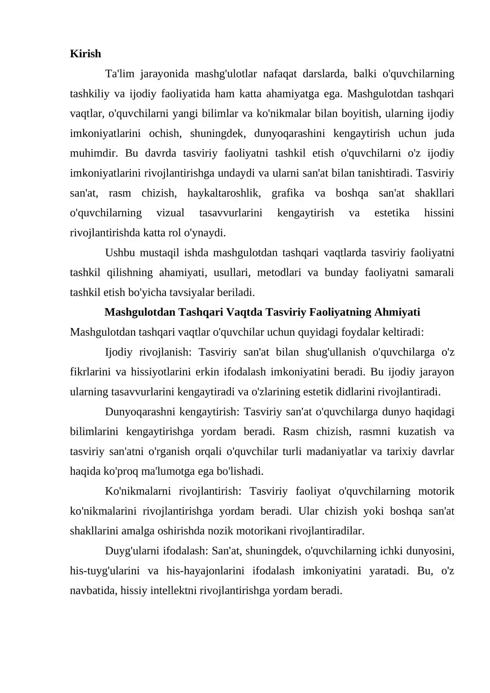 Mashgulotdan tashqari vaqtlarda tasviriy faoliyatni tashkil qilish. 2