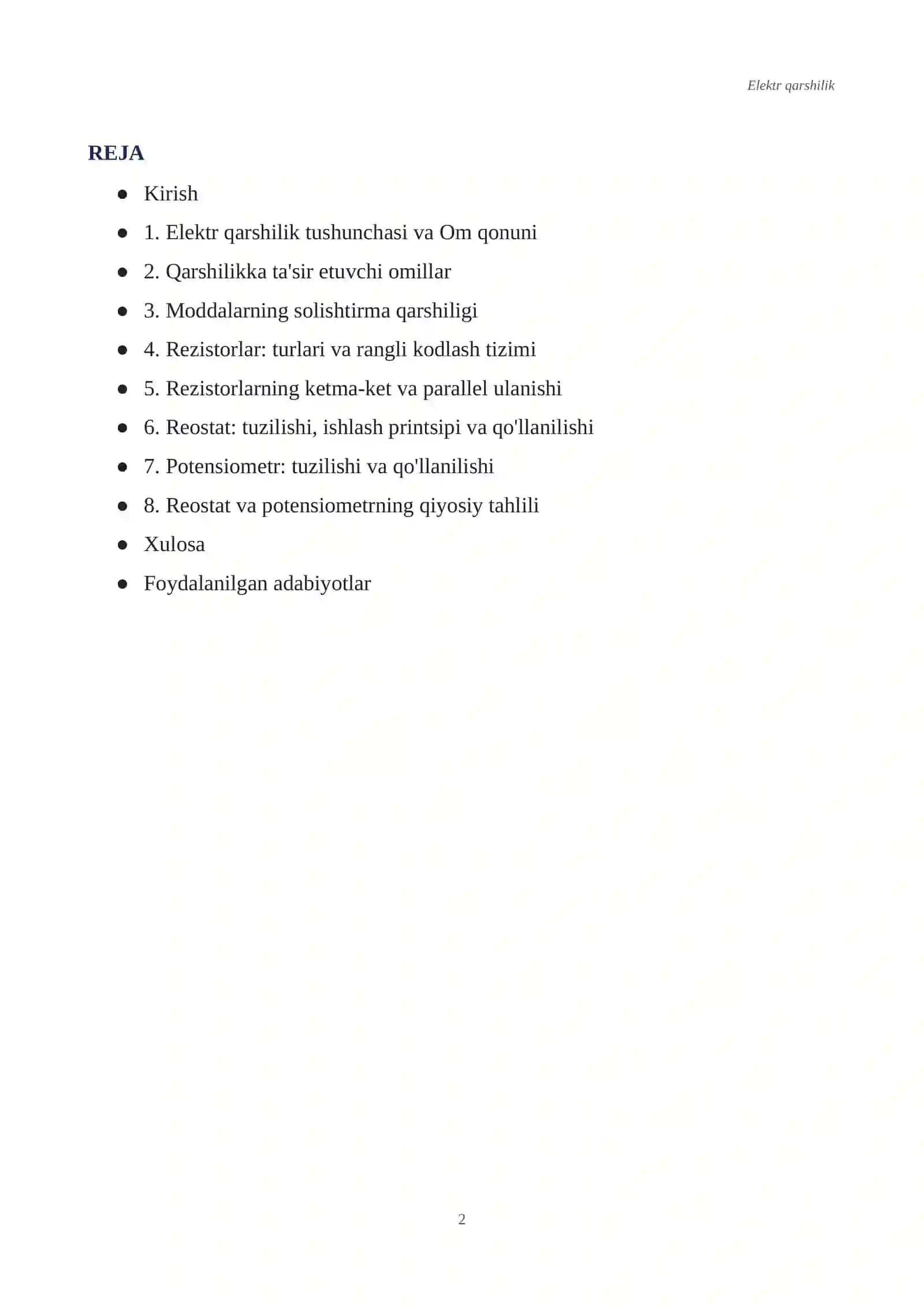 ELEKTR QARSHILIK. Referat 2