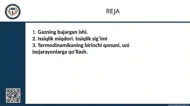 Termodinamikaning birinchi qonuni. Gazning bajargan ishi. Issiqlik sig‘imi 2