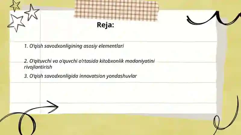 O'qish savodxonligi sohasi bo'yicha materiallar bilan tanishish va ishlab chiqish 2