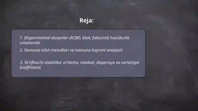 RCBD (tasodifiy to‘liq blok dizayni) hosildorlik sinovlarida maydon heterogenligini bloklash 2