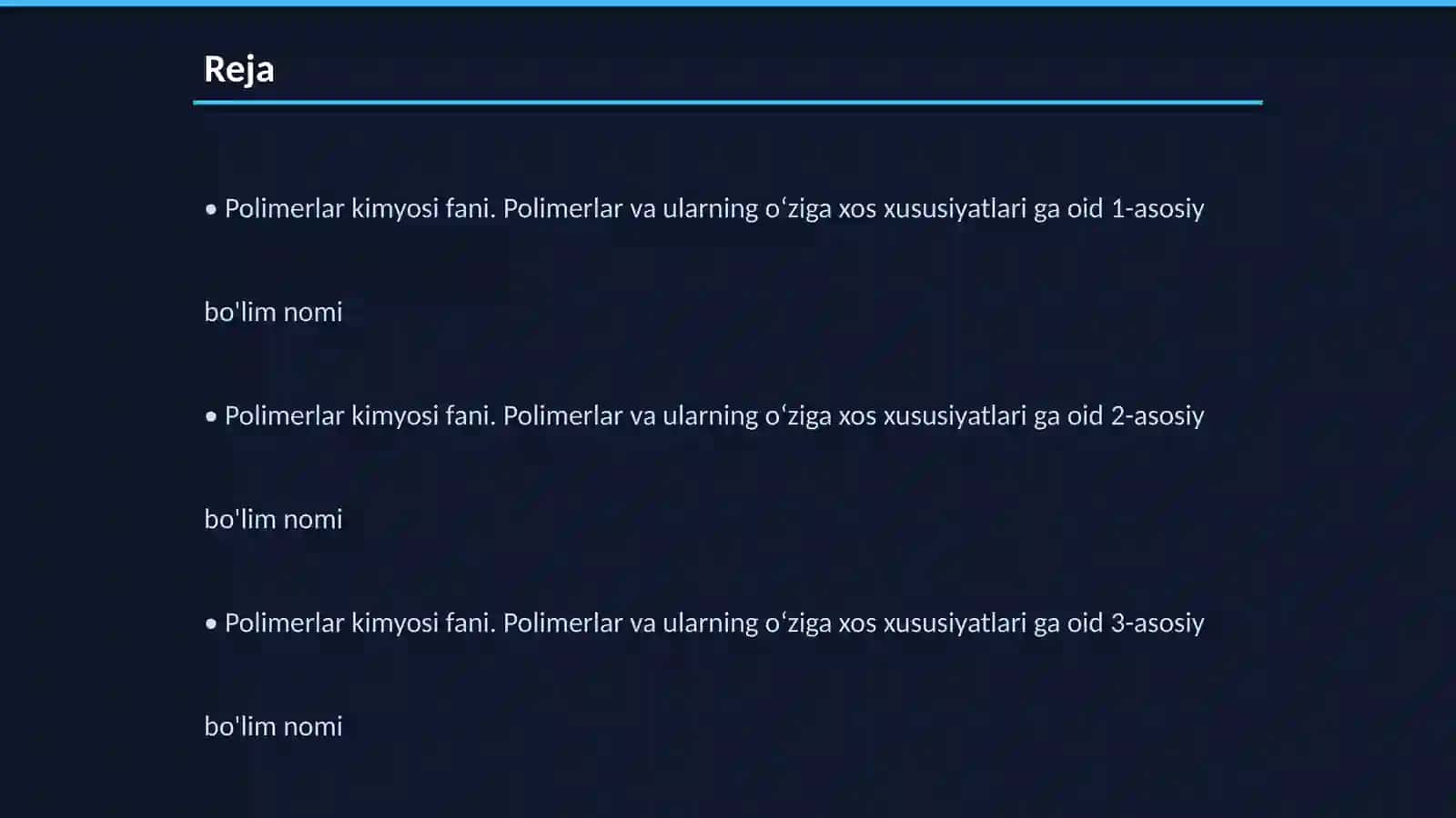 Polimerlar kimyosi fani. Polimerlar va ularning oʻziga xos xususiyatlari 2