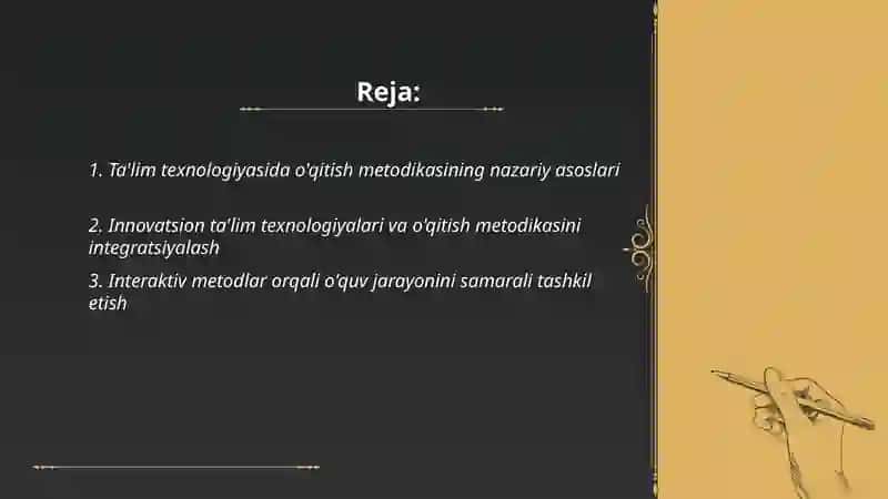 Ta'lim texnalogiyasida òqitish metodikasining òrni va ahamiyati 2