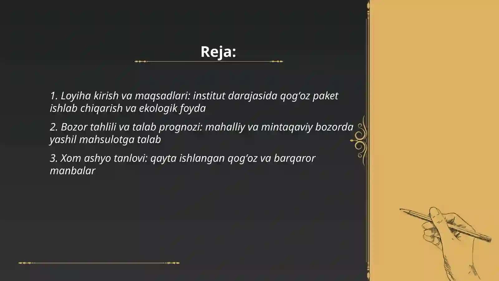 Yashil iqtisodiyot fanidan institut darajasida qogʻoz paket ishlab chiqarish bo'yicha biznes reja va ekologiyaga yaxshi tasir qiladigan foydali tomonini ham yortilishi kerak 2