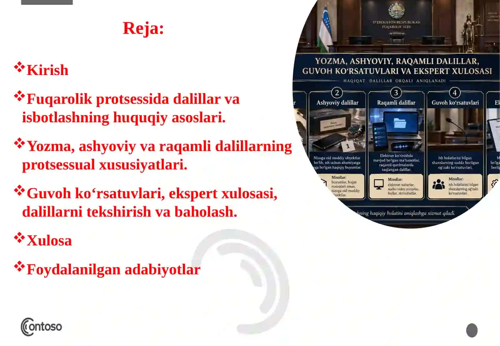 Yozma, ashyoviy, raqamli dalillar, guvoh ko'rsatuvlari va ekspert xulosasi 2