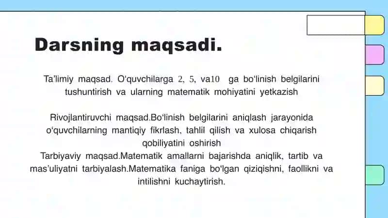 2,5, 10 ga boʻlinish belgilari 2
