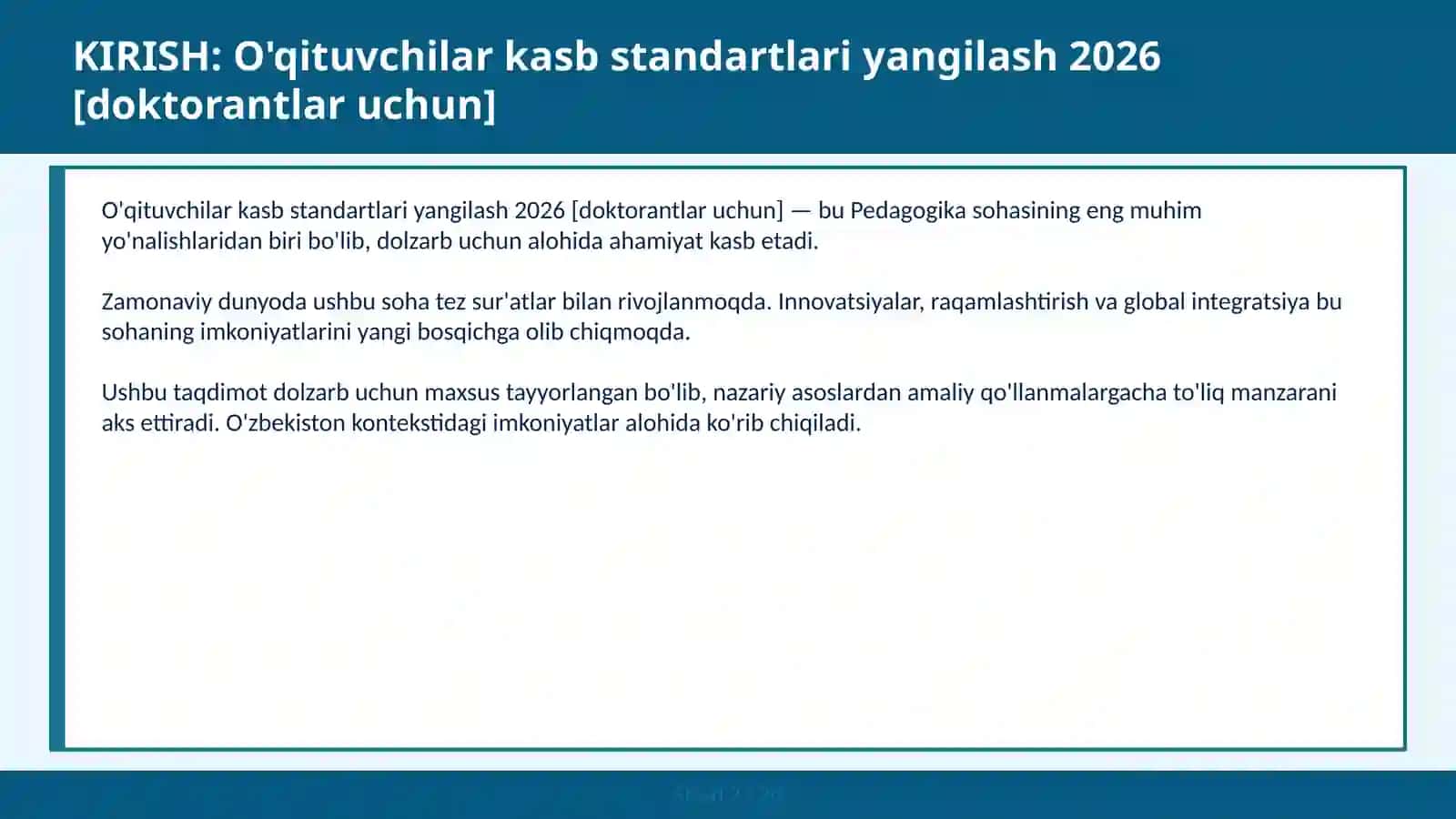 O'qituvchilar kasb standartlari yangilash 2026 [doktorantlar uchun] 2