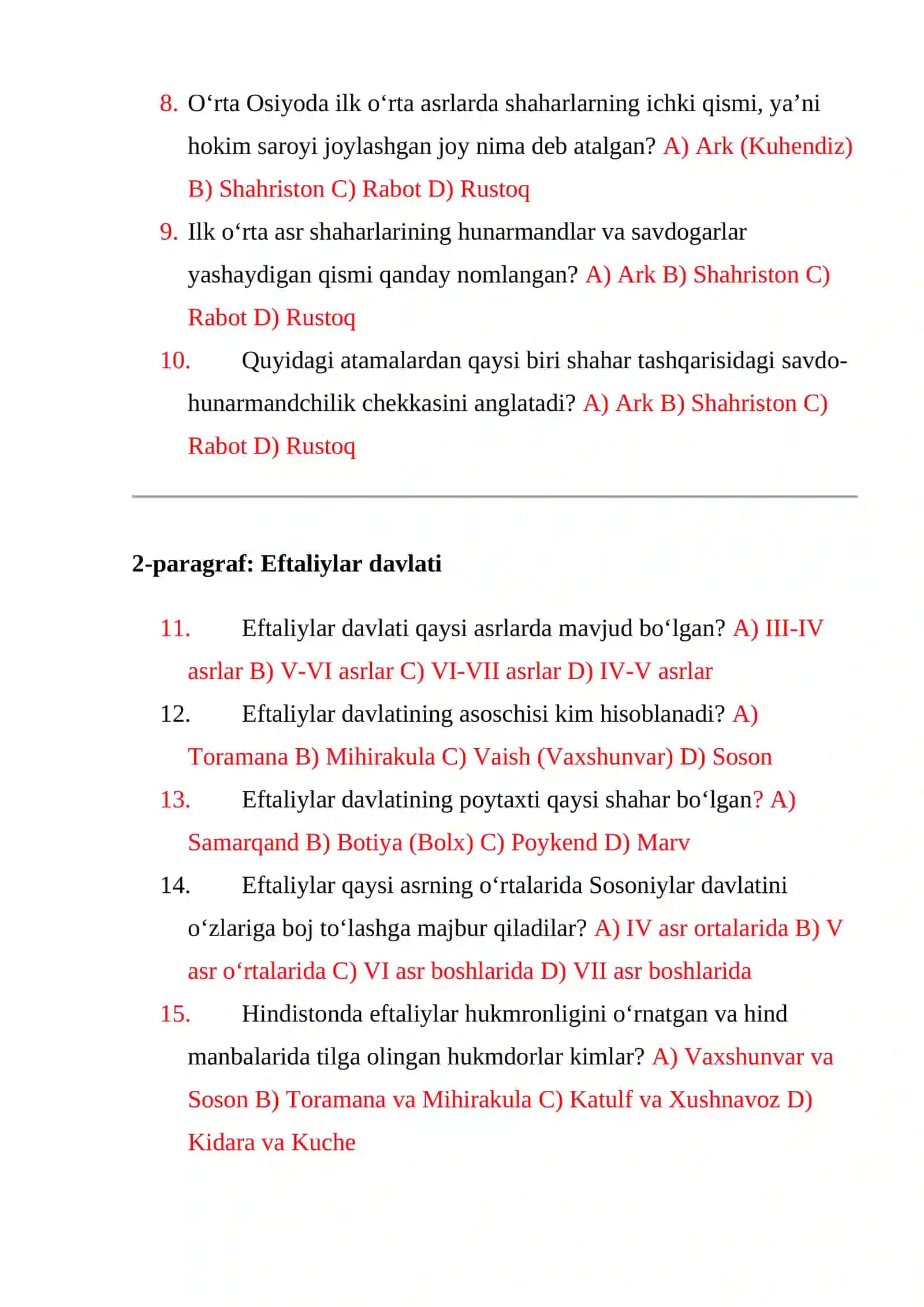 7-sinf TARIX fanidan mavzulashtirilgan DTMga tushadigan 1-10 paragrifdan testlar to’plami 2