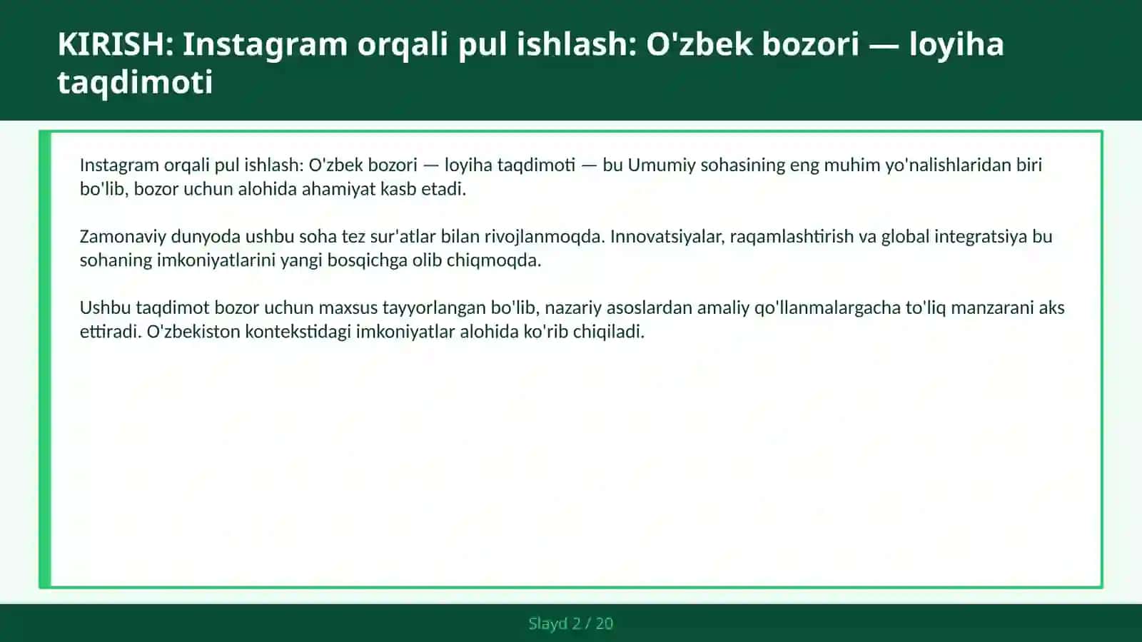 Instagram orqali pul ishlash: O'zbek bozori — loyiha taqdimoti 2