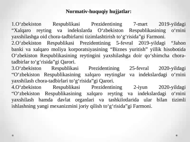 Yangi O‘zbekiston ijtimoiy-siyosiy,iqtisodiy va madaniy hayotida ro‘y berayotgan o‘zgarishlarning xalqaro reyting va indekslarda aks etishi 2