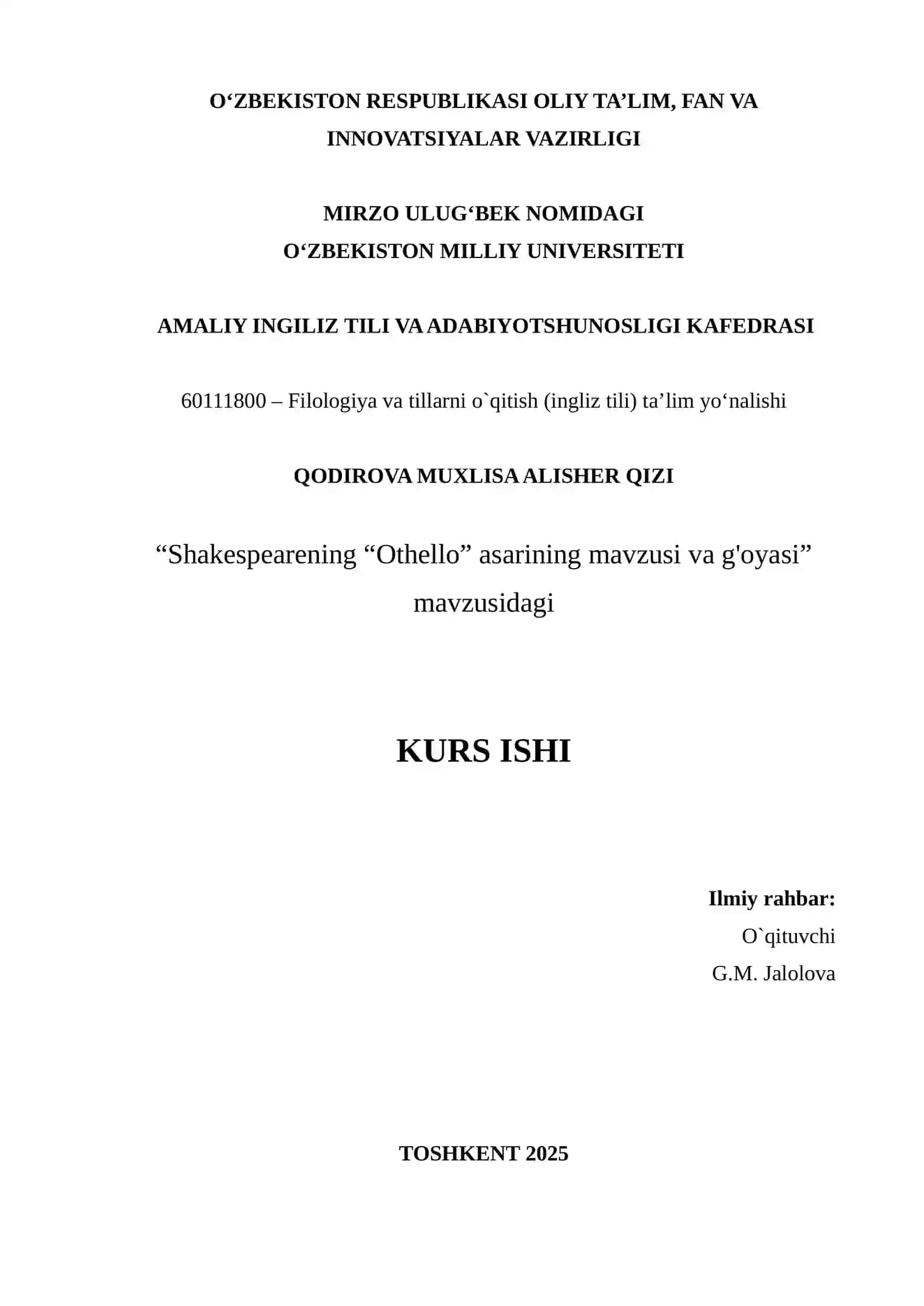 “Shakespearening “Othello” asarining mavzusi va g'oyasi” mavzusidagi KURS ISHI 2