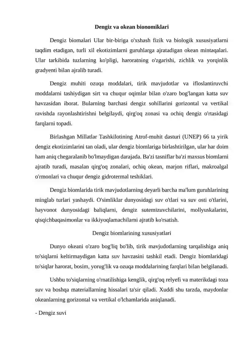 Dengiz va okeanlarning bionomik mintaqalar, quruqlikda o`simlik va hayvonlarni yashash sharoitlari 2