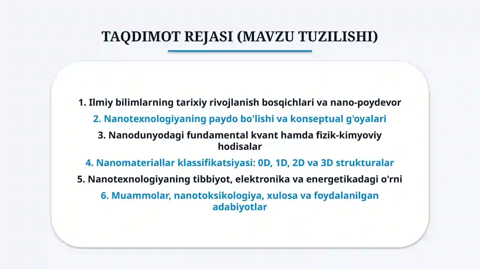 Ilmiy Bilimlar Rivoji va Nanotexnologiyalarning Zamonaviy O‘rni — 25 Betlik Taqdimot 2