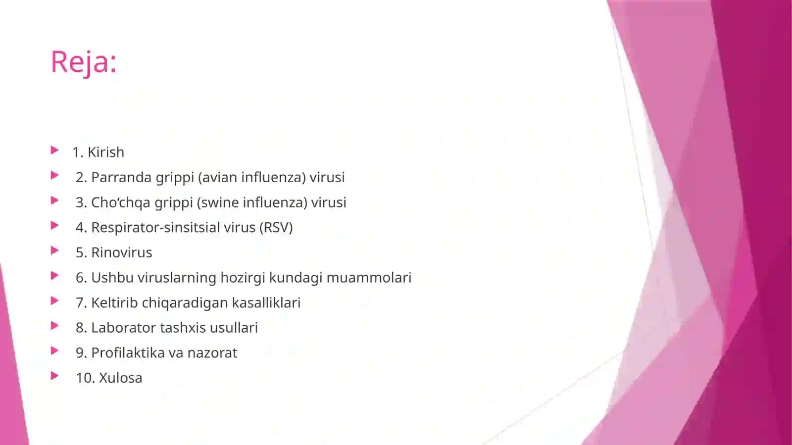 Parrandavacho‘chqagrippiviruslari, respirator-sinsitsialvirusvarinovirus:hozirgimuammolari,keltiribchiqaradigankasalliklarivalaboratortashhisi 2