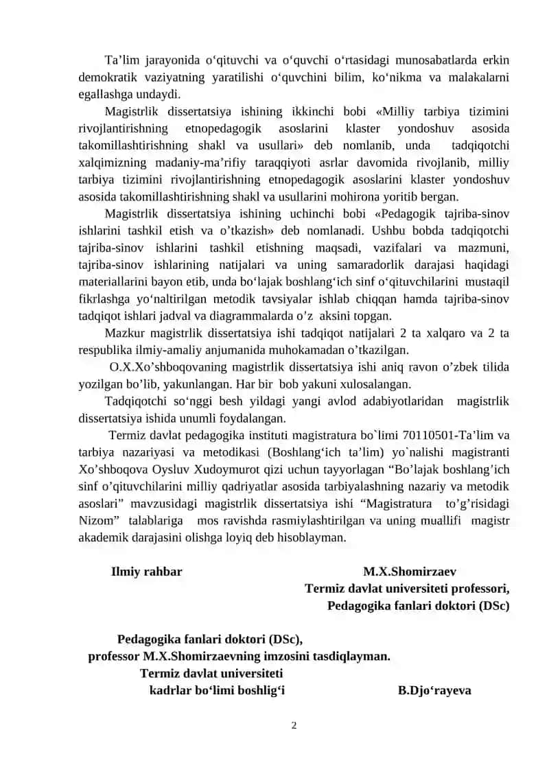 Bo’lajak boshlang’ich sinf o’qituvchilarini milliy qadriyatlar asosida tarbiyalashning nazariy va metodik asoslari 2