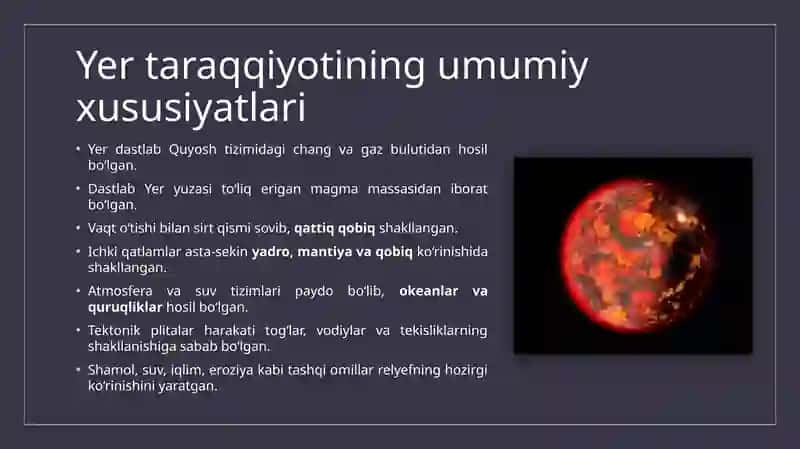 Yer Taraqqiyoti, Minerallar, Tog‘ Jinslari va Relyef Tizimlarining Umumiy Tahlili 2