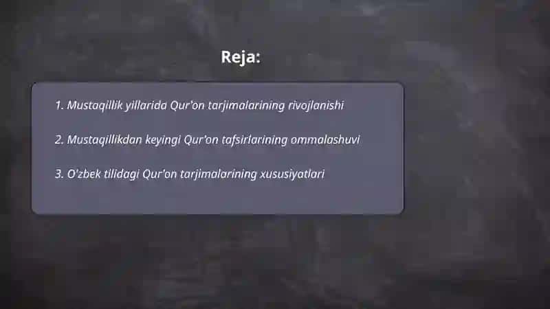 Mustaqillik yillarida Qur onning o'zbek tiliga tarjima qilinishi va tafsirlari 2