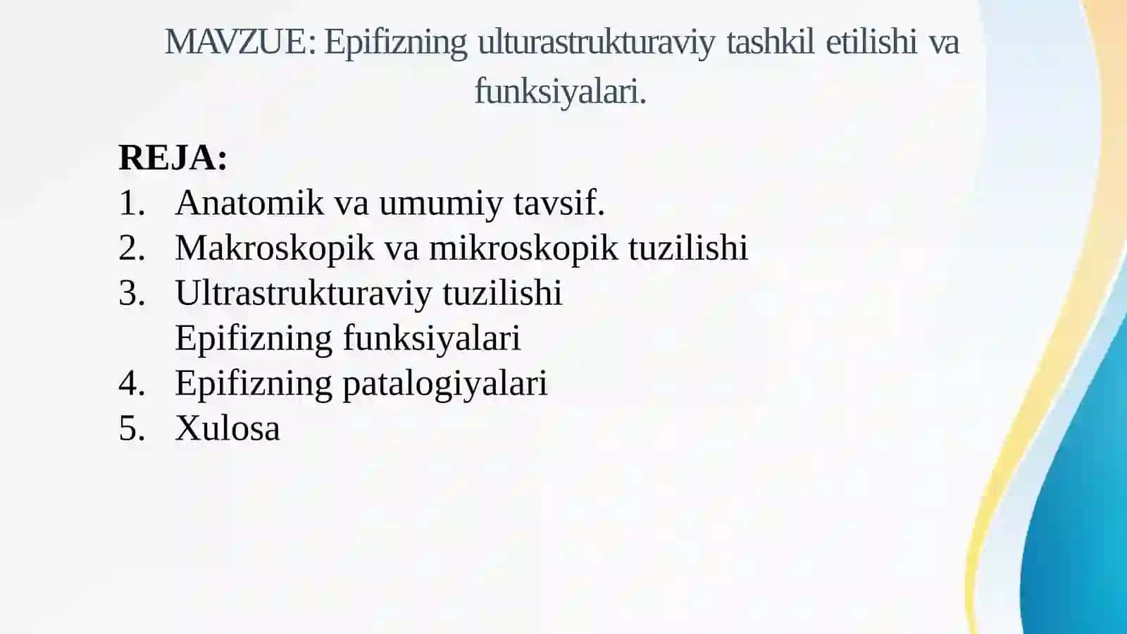 Epifizning ulturastrukturaviy tashkil etilishi va funksiyalari. 2
