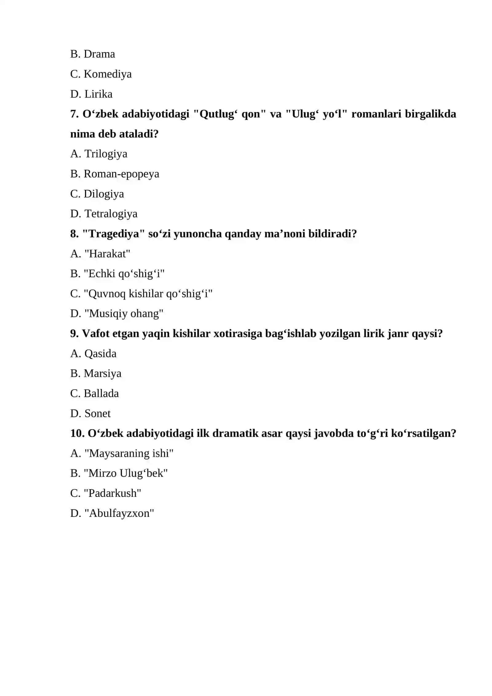 Adabiyotshunoslik fanidan test 2