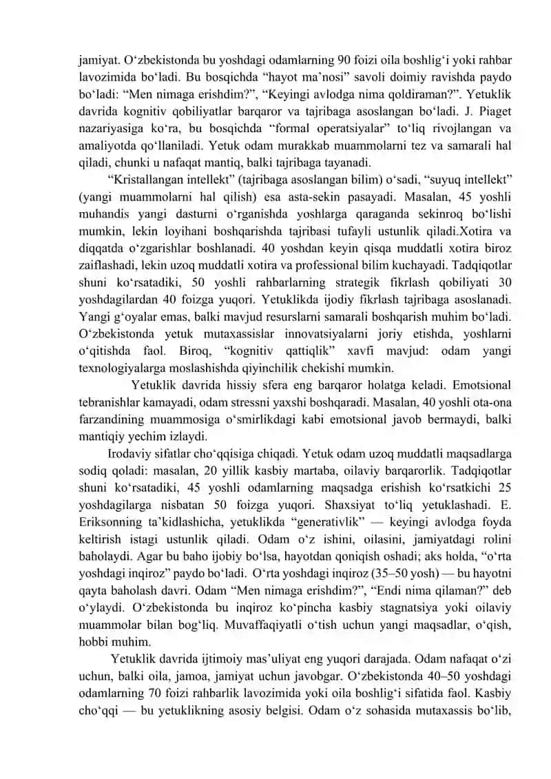 Yetuklik davrining psixologik xususiyatlari. 2