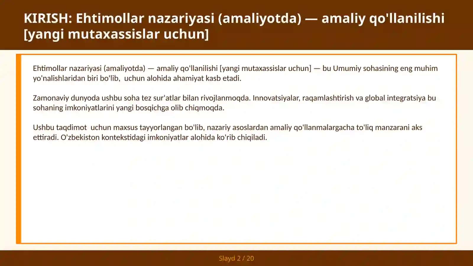 EHTIMOLLAR NAZARIYASI (AMALIYOTDA) — AMALIY QO'LLANILISHI [YANGI MUTAXASSISLAR UCHUN] 2