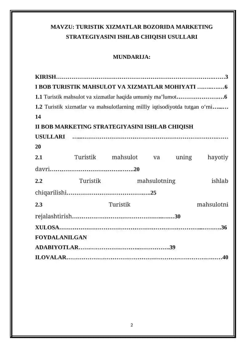 TURISTIK XIZMATLAR BOZORIDA MARKETING STRATEGIYASINI ISHLAB CHIQISH USULLARI 2