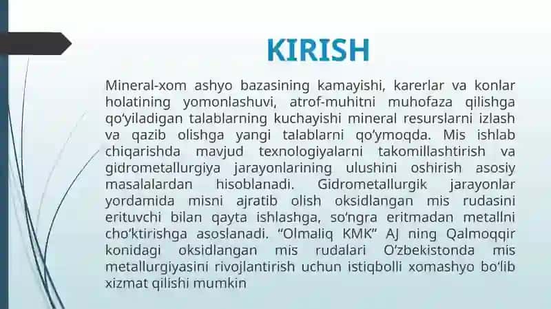 "OLMALIQ KMK" AJ OKSIDLANGAN MIS RUDALARINI QAYTA ISHLASH IMKONIYATLARI 2