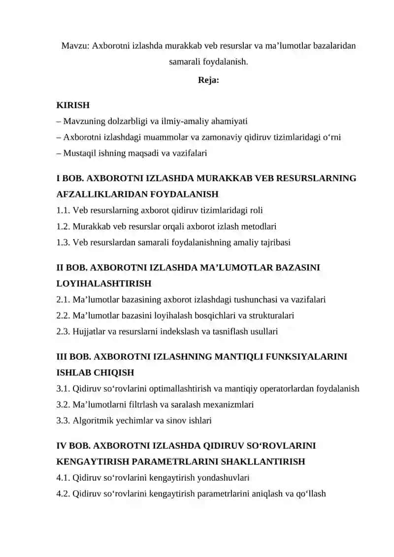Axborotni izlashda murakkab veb resurslar va ma’lumotlar bazalaridan samarali foydalanish. 2