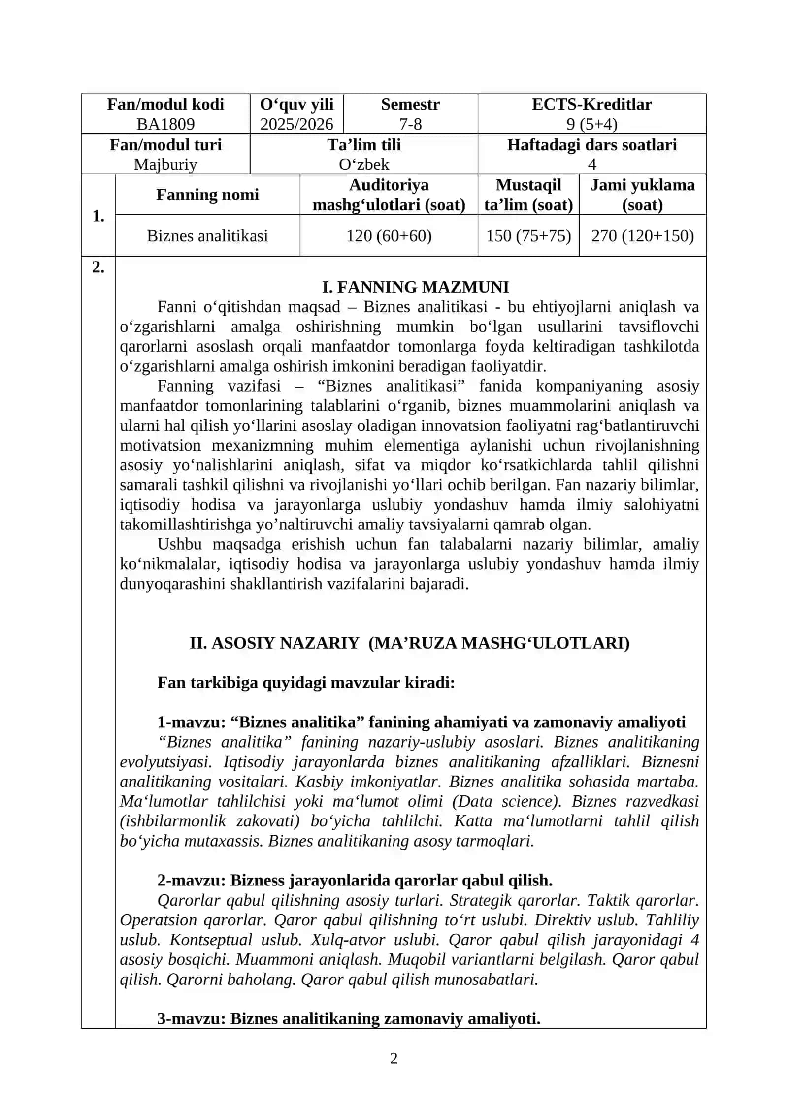 Biznes analitikasi 2