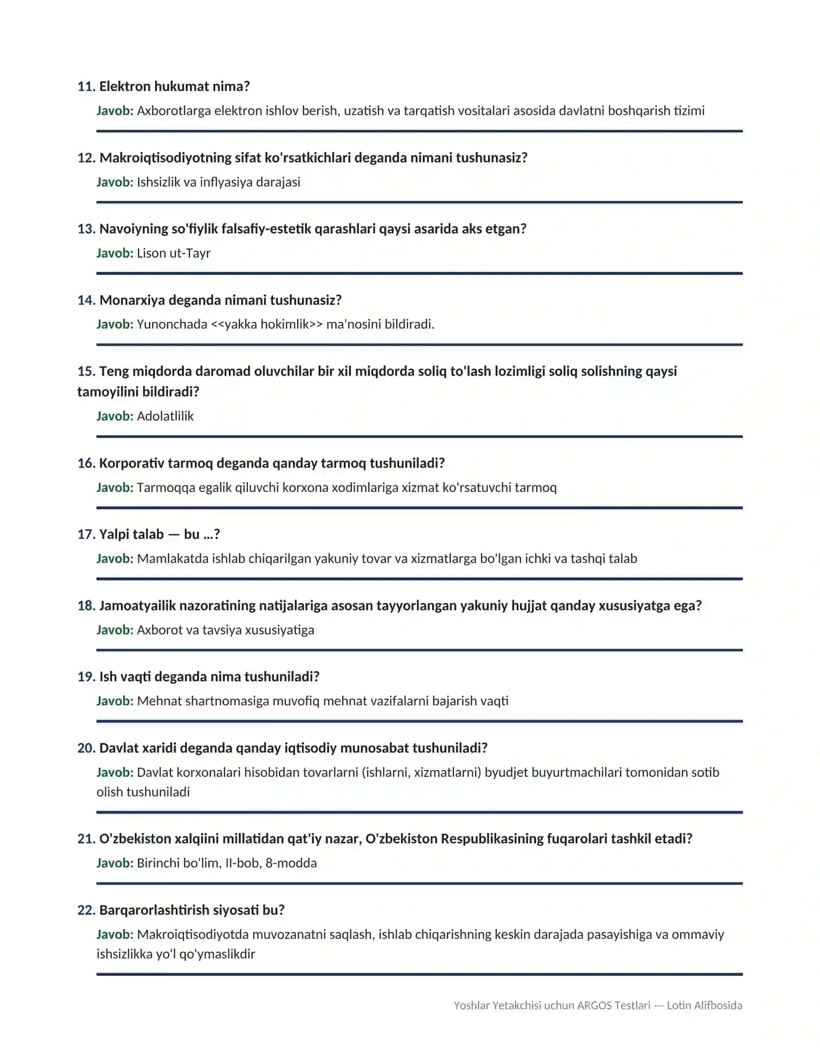 YOSHLAR YETAKCHISI UCHUN ARGOSDA TUSHADIGAN TESTLAR 2