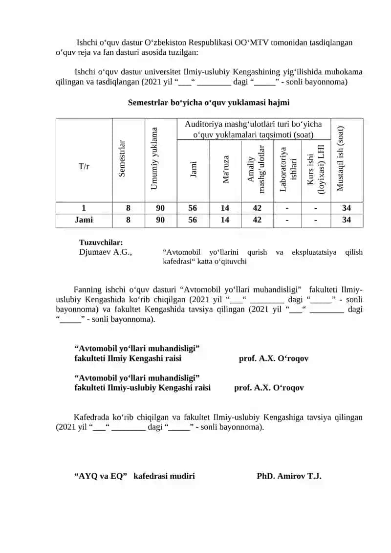 AVTOMOBIL YO‘LLARI VA SHAHARSOZLIK ME’YORIY HUJJATLARI FANINING ISHCHI O‘QUV DASTUR 2