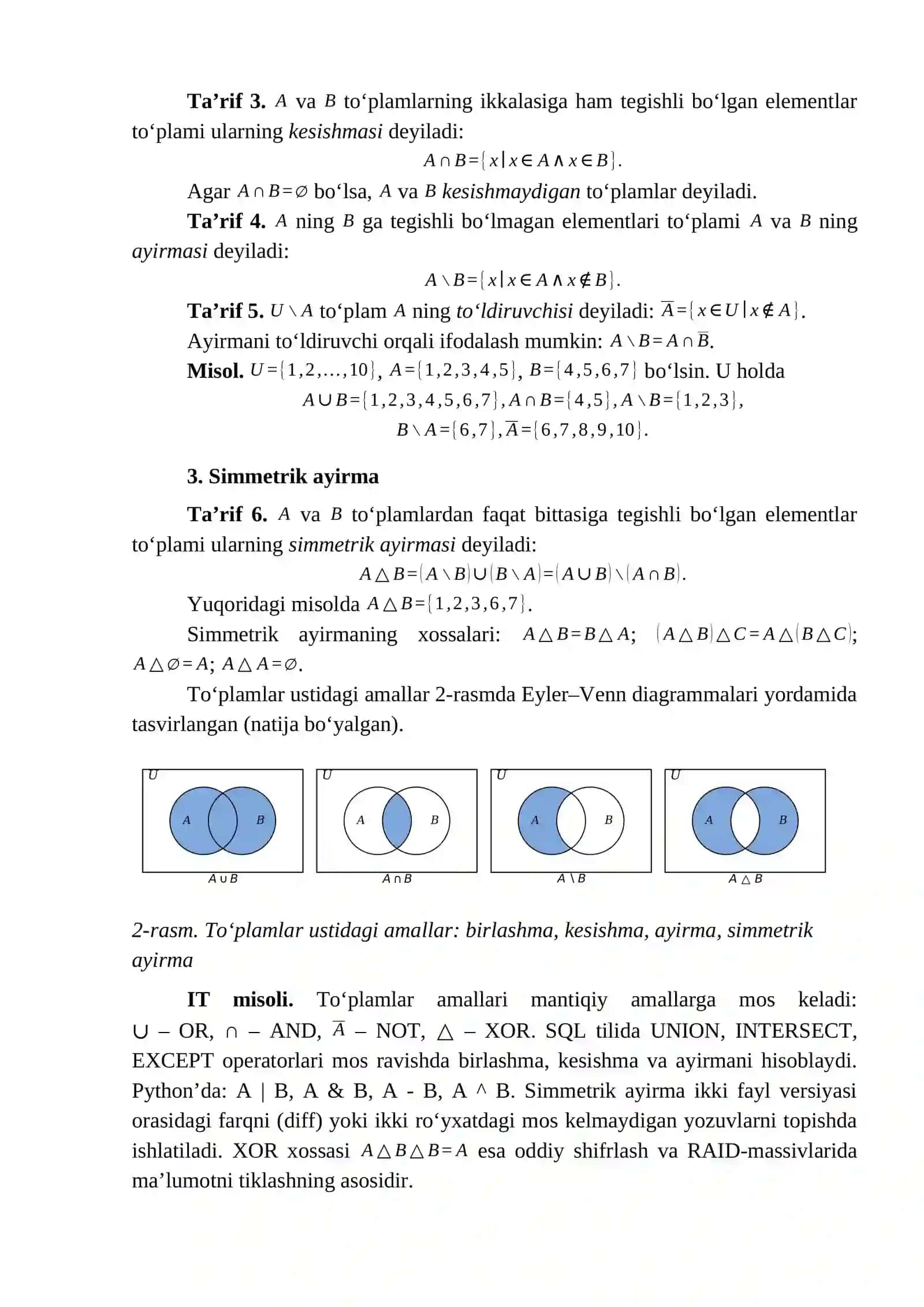 2-MA’RUZA. TO‘PLAMLAR USTIDA AMALLAR. TO‘PLAMLARNI TAQQOSLASH. TO‘PLAM QUVVATI. ASOSIY AYNIYATLAR 2