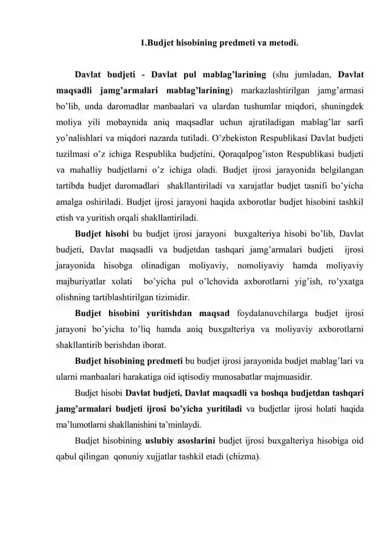 Byudjet hisobi faniga kirish. fanning mazmuni, predmeti va usullari. 2