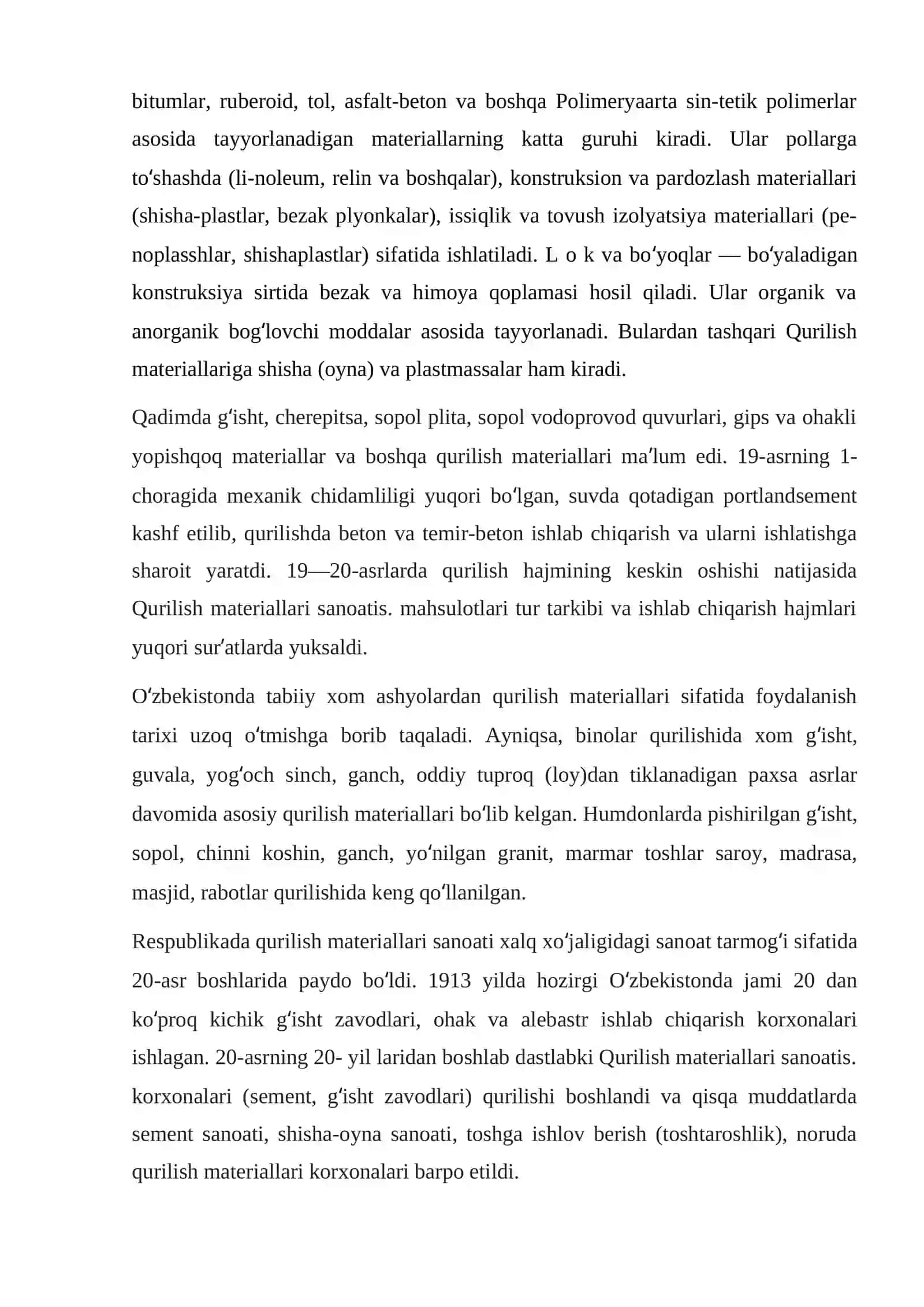 Qurilish materiallari:sement,karamzit,agloporit,vermikulet,oxak,gips,tabbiy tosh,g’isht,shisha,yo’goch,issiiqlikni saqlovchi materiallar,bitum,lenolium va xhk, ekologiyasi 2