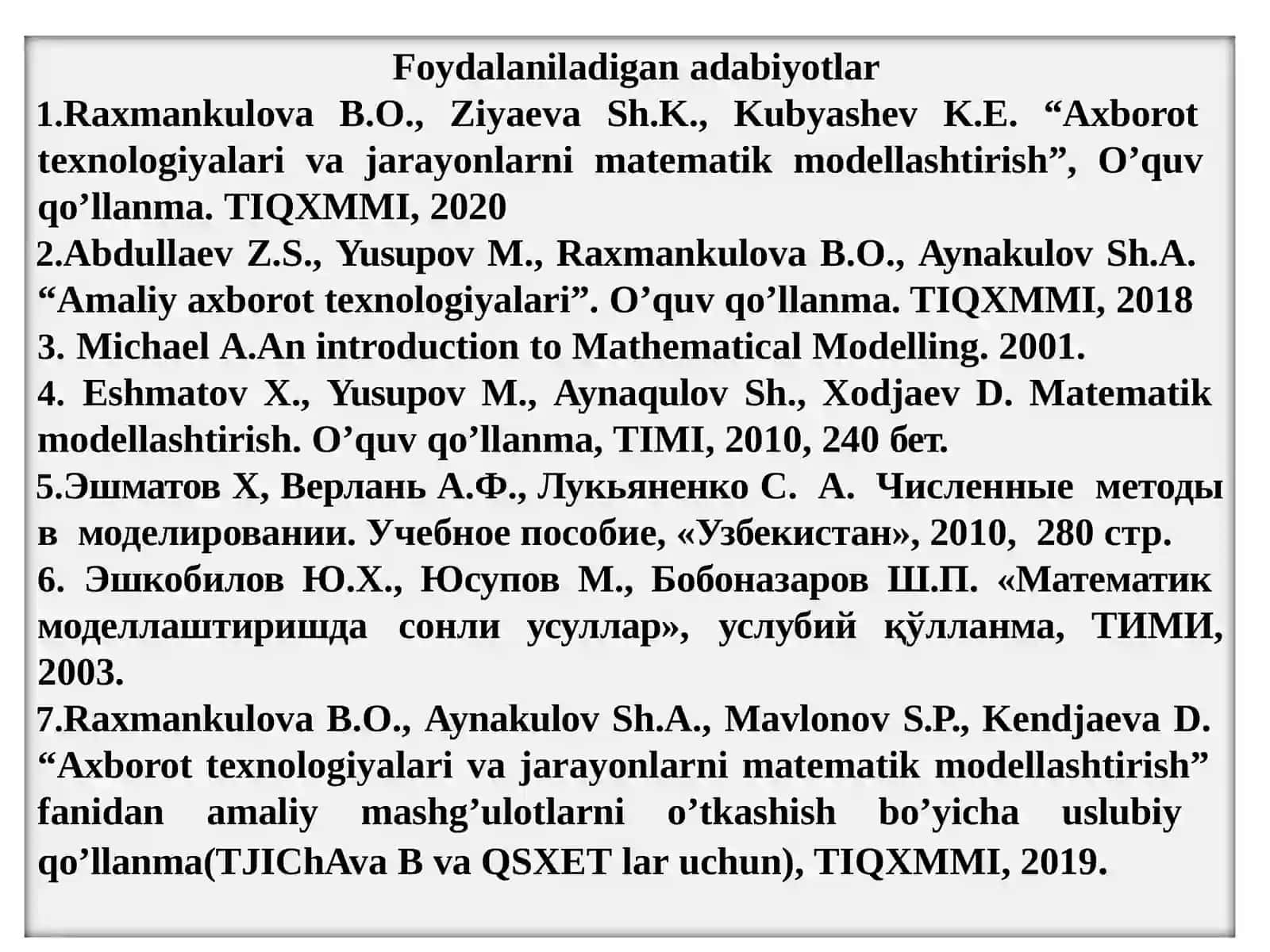 Axborot texnologiyalari va vajarayonlarni matematik modellashtirish 2