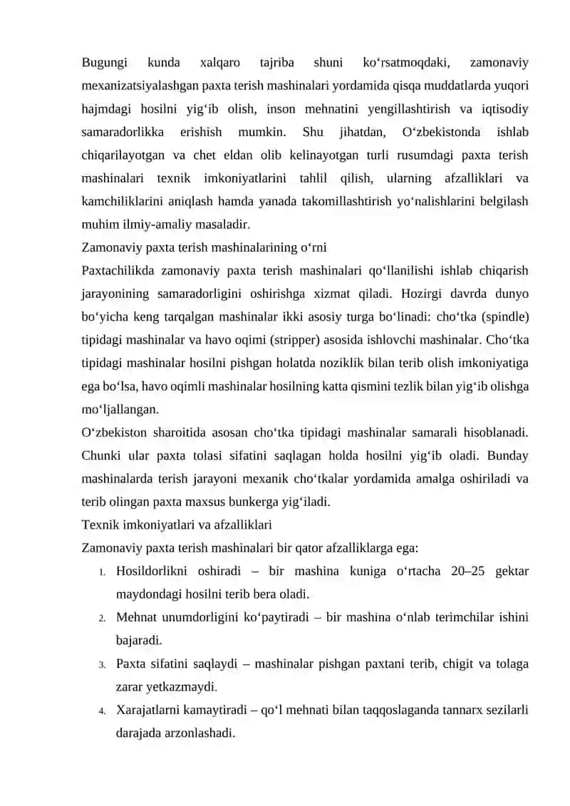 ZAMONAVIY PAXTA TERISH MASHINALARI 2