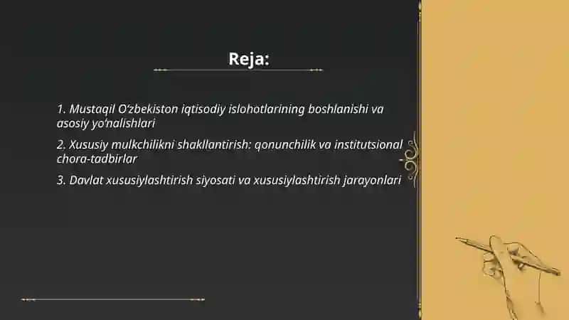 Iqtisodiy islohotlar, xususiy mulkchilikning shakllanishi. O‘zbekistonda bozor munosabatlarining rivojlanishi. 2