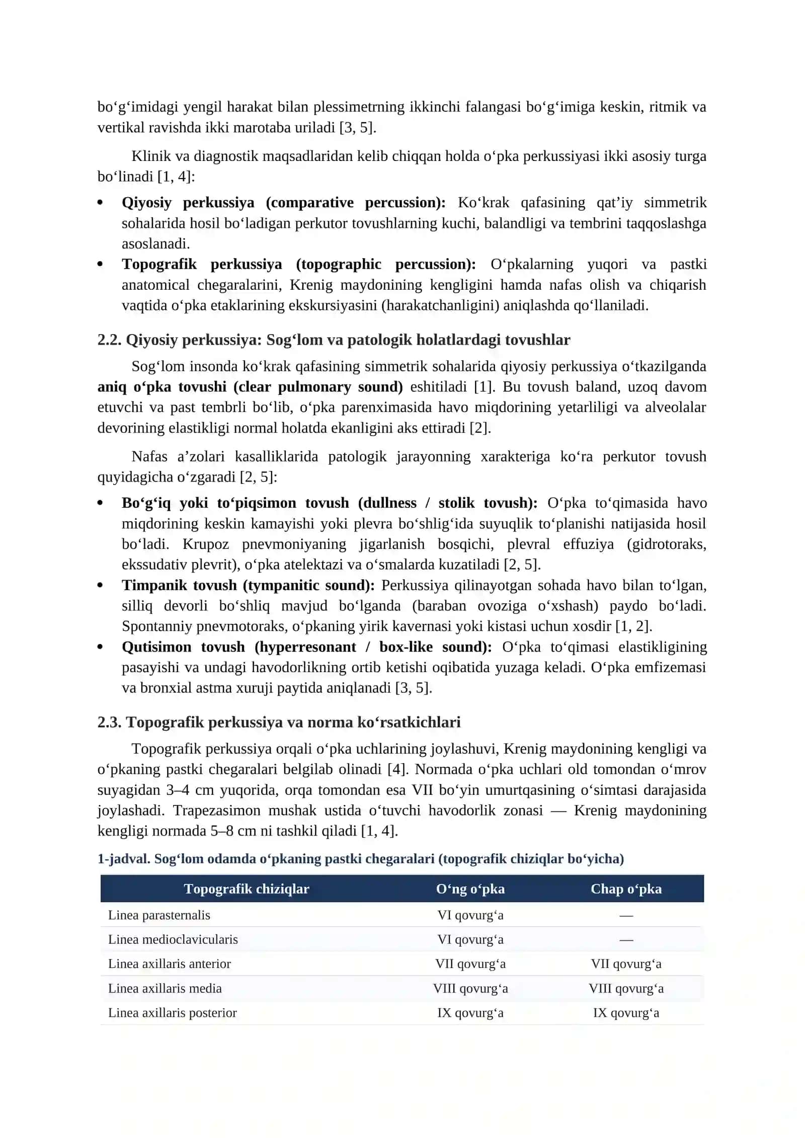 O‘PKA PERKUSSIYASI: SOG‘LOM ODAMLAR VA NAFAS A’ZOLARI KASALLIKLARI BILAN BEMORLARDA QIYOSIY HAMDA TOPOGRAFIK PERKUSSIYA 2