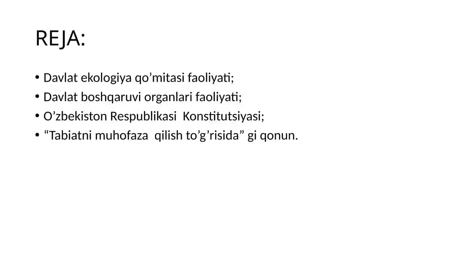 O’zbekistonda atmosfera, suv, yer va biologik resurslarni himoya qilishga qaratilgan qonunlarning mohiyatini, asosiy bandlarini va qo’llanish shart-sharoitlarini o’rganish 2