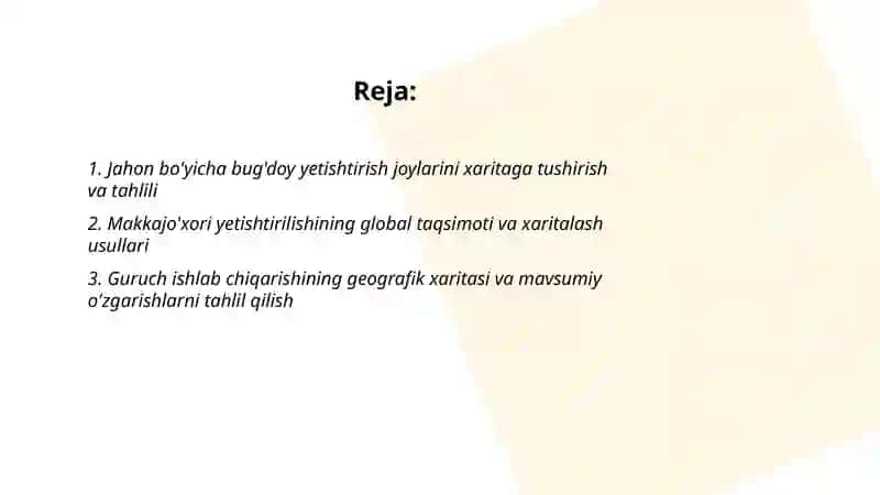 Jahon bo'yicha asosiy qishloq xo'jaligi mahsulotlarini yetishtirish kartasini chizish va tahlil qilish 2