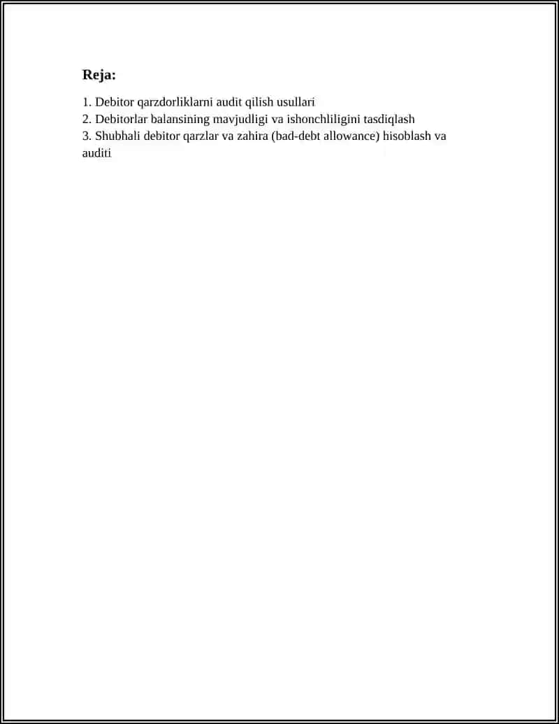 DEBITORLAR, KREDITORLAR VA QIMMATLI QOG’OZLAR AUDITI 2