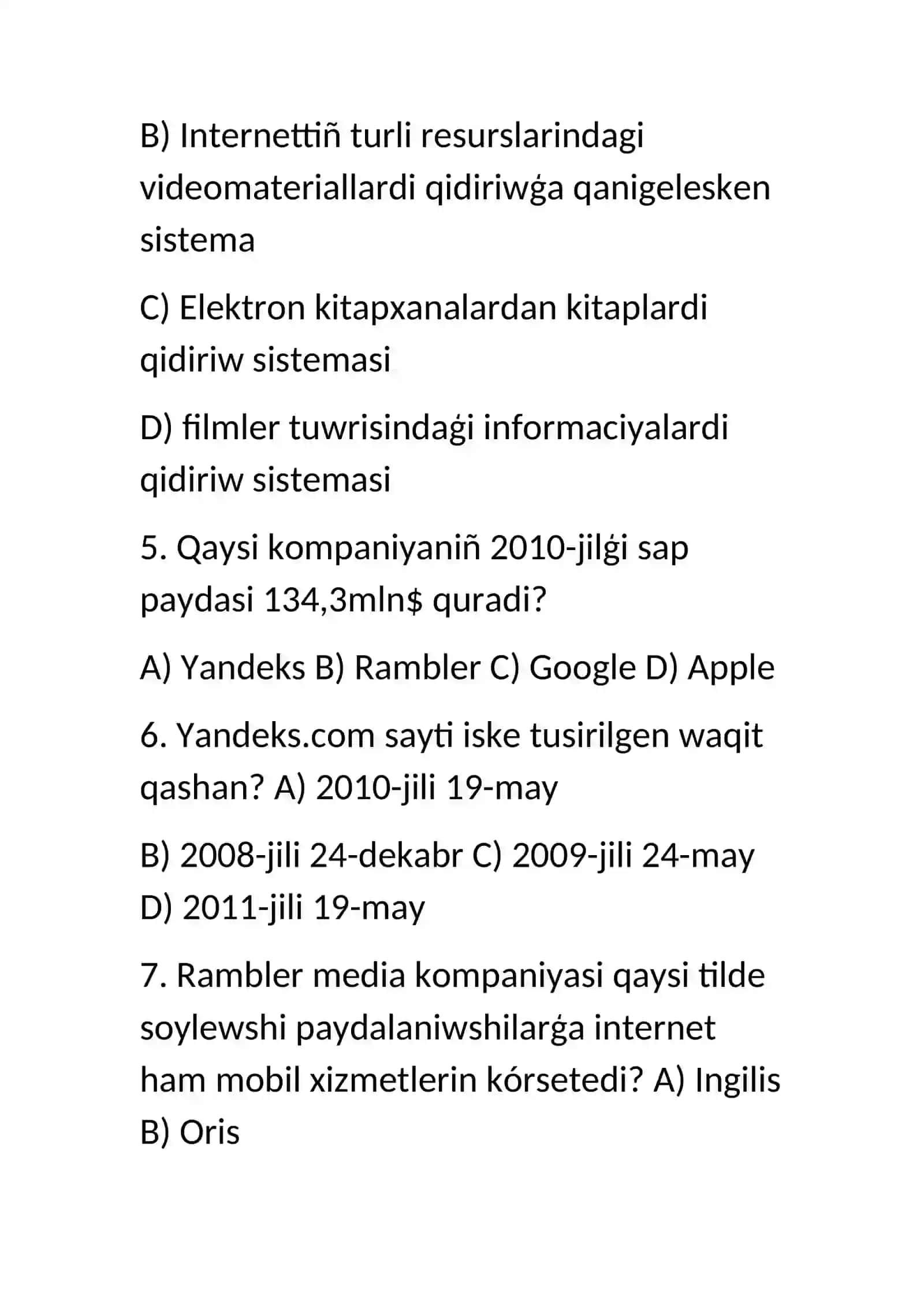 Rambler va Yandeks haqida tushuncha test 2