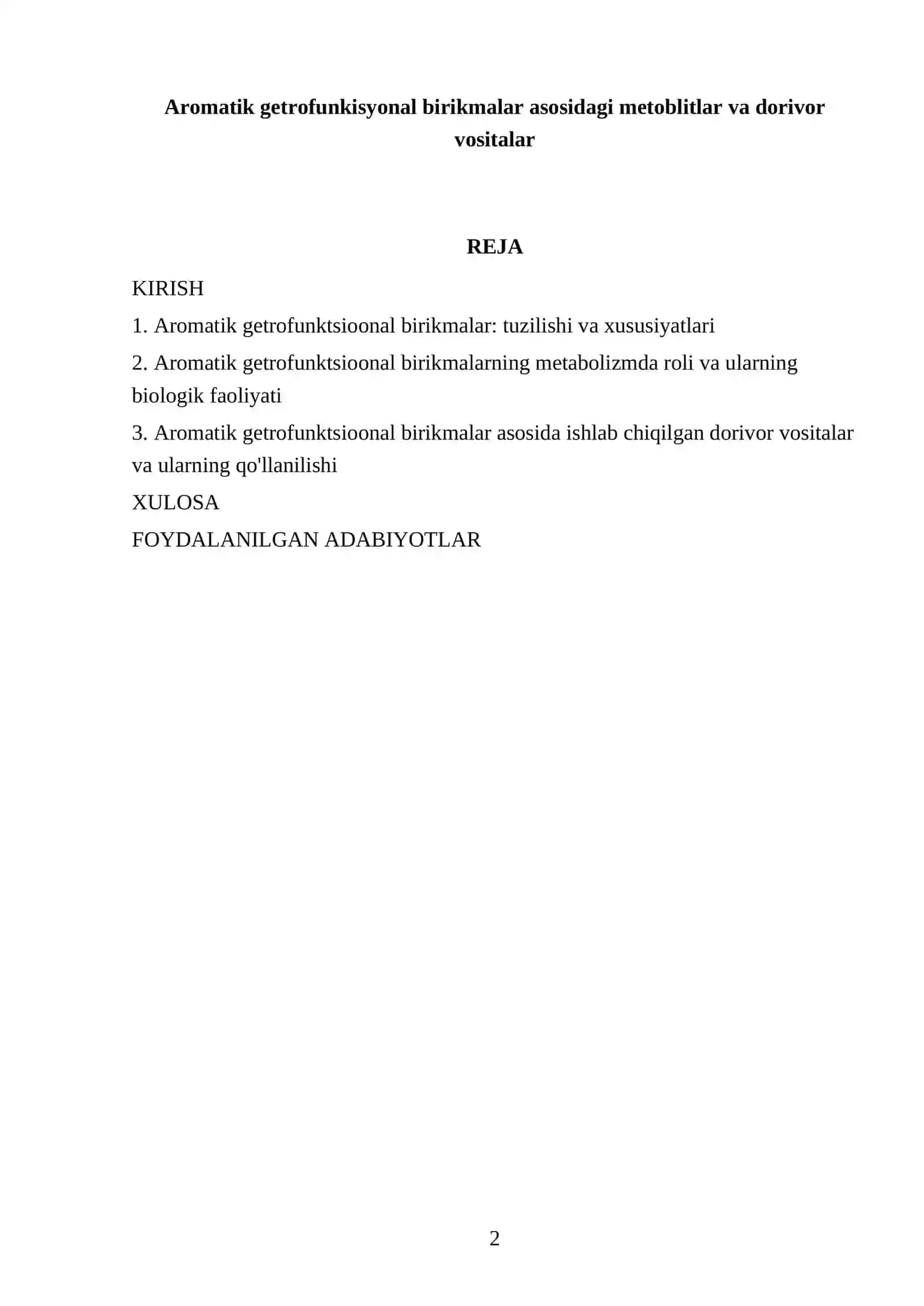 Aromatik getrofunkisyonal birikmalar asosidagi metoblitlar va dorivor vositalar 2