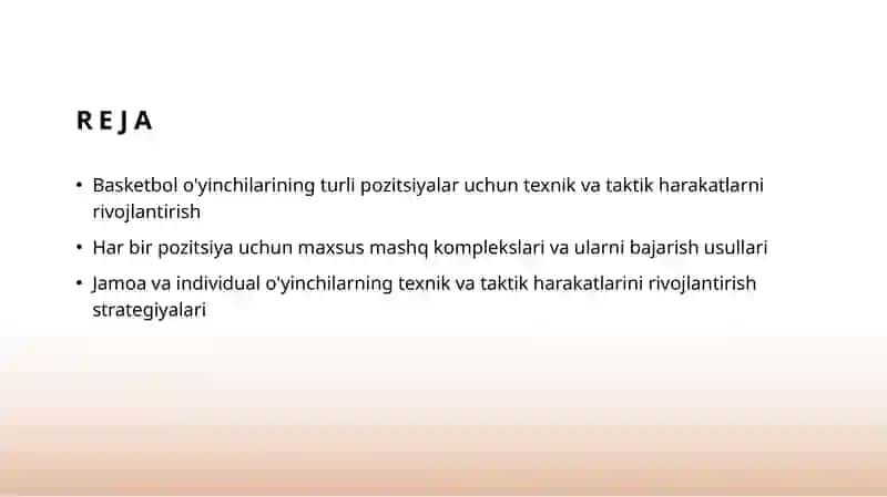 Basketbol o'yinchilarining turli pozitsiyalar uchun texnik va taktik harakatlarni rivojlantirish 2