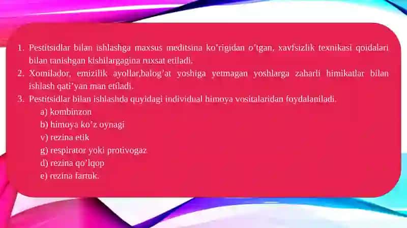 Pestitsidlar qo‘llanilishi va qo‘llashda shaxsiy himoya vositalari 2