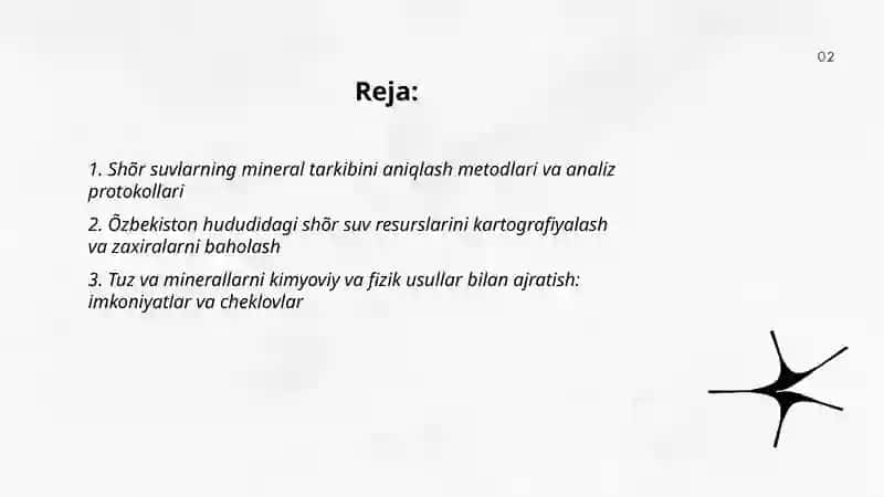 Shõr suv tarkibini õrganish tuz va minerallarni ajratish jarayonini tahlil qilish hamda Õzbekiston sharoitiga mos iqtisodiy tejamkor chuchuklashtirish texnologiyasini ishlab chiqish 2