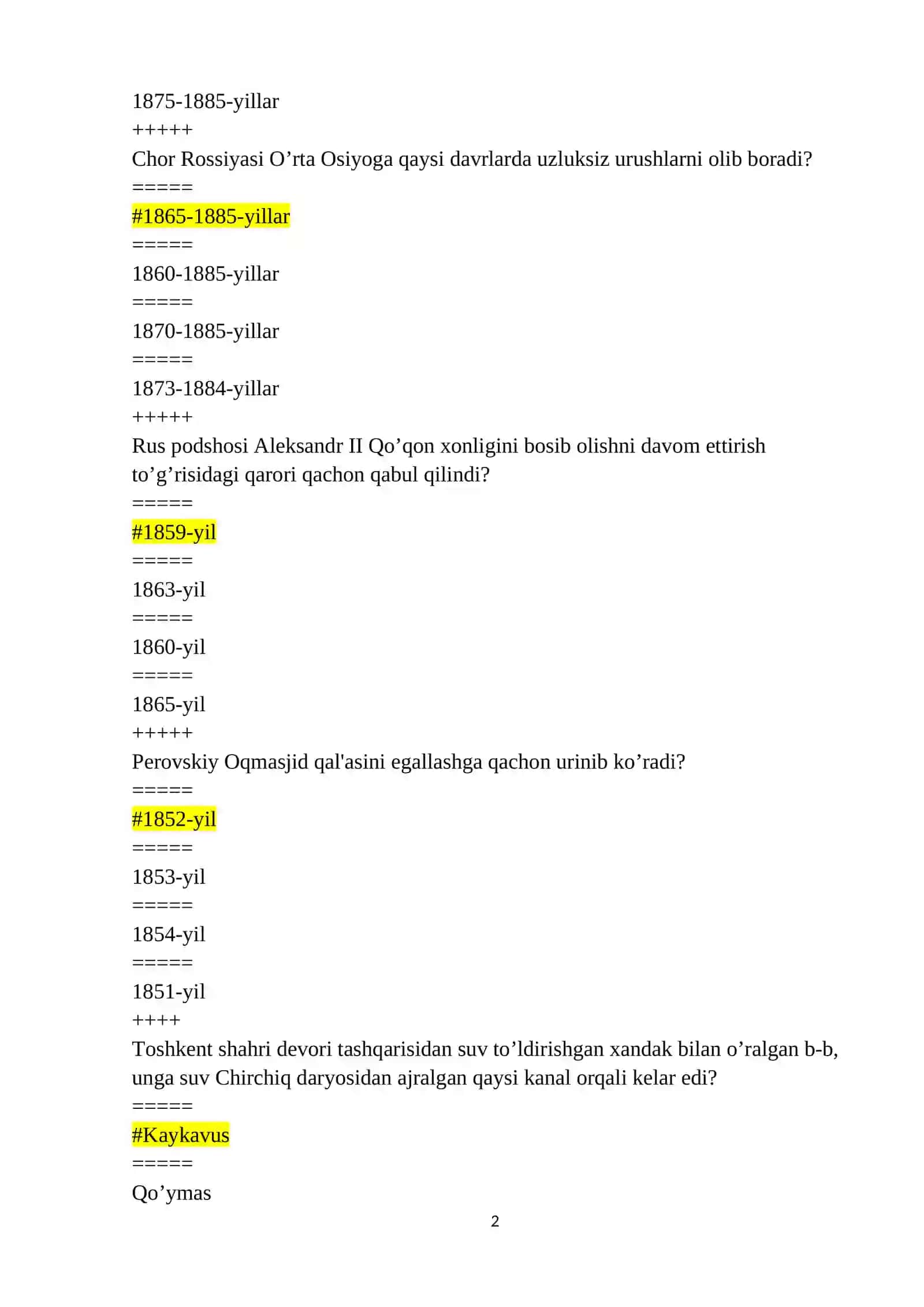 O'zbekiston tarixi  test 2