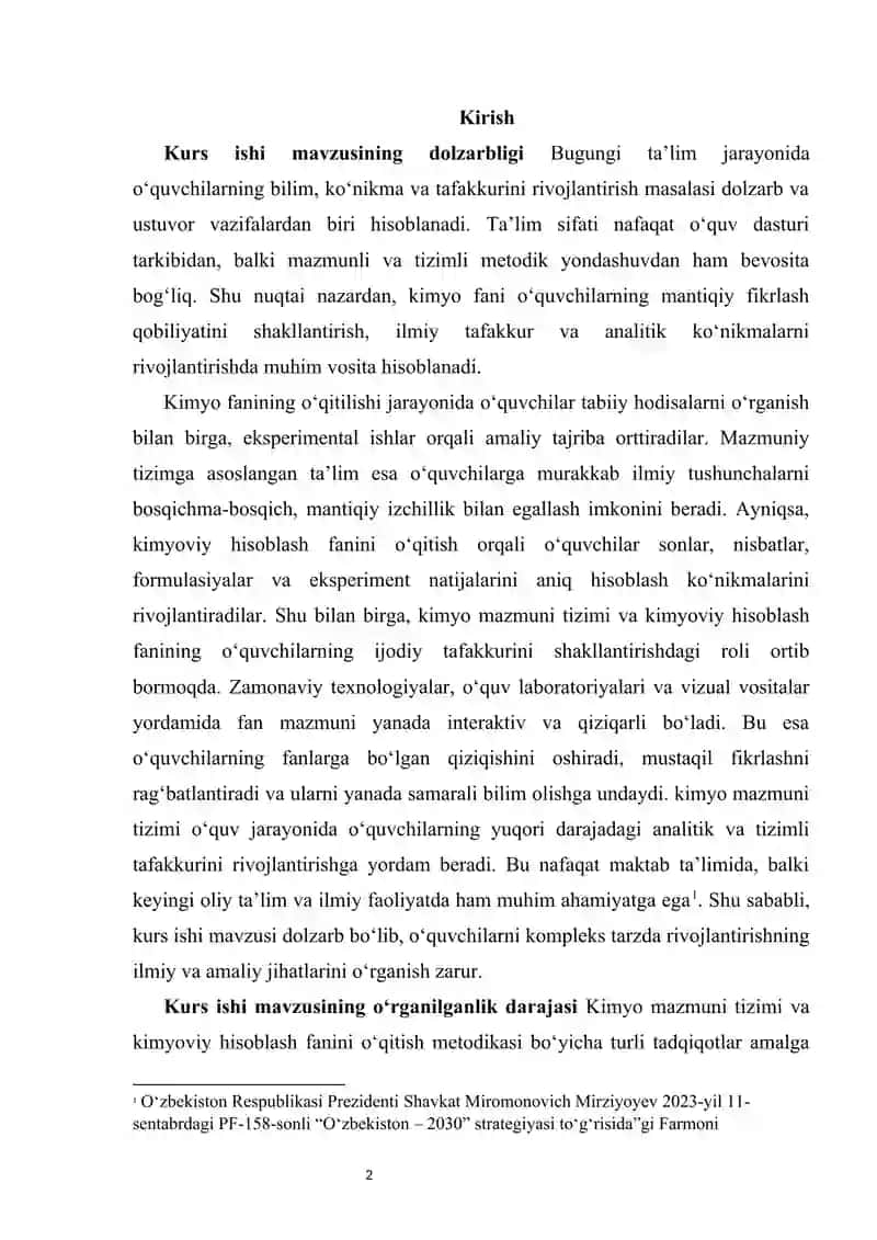 “Kimyo mazmuni, tizimi va o‘quvchilarni rivojlantirishdagi roli: Kimyoviy hisoblash fani kurs ishi 2