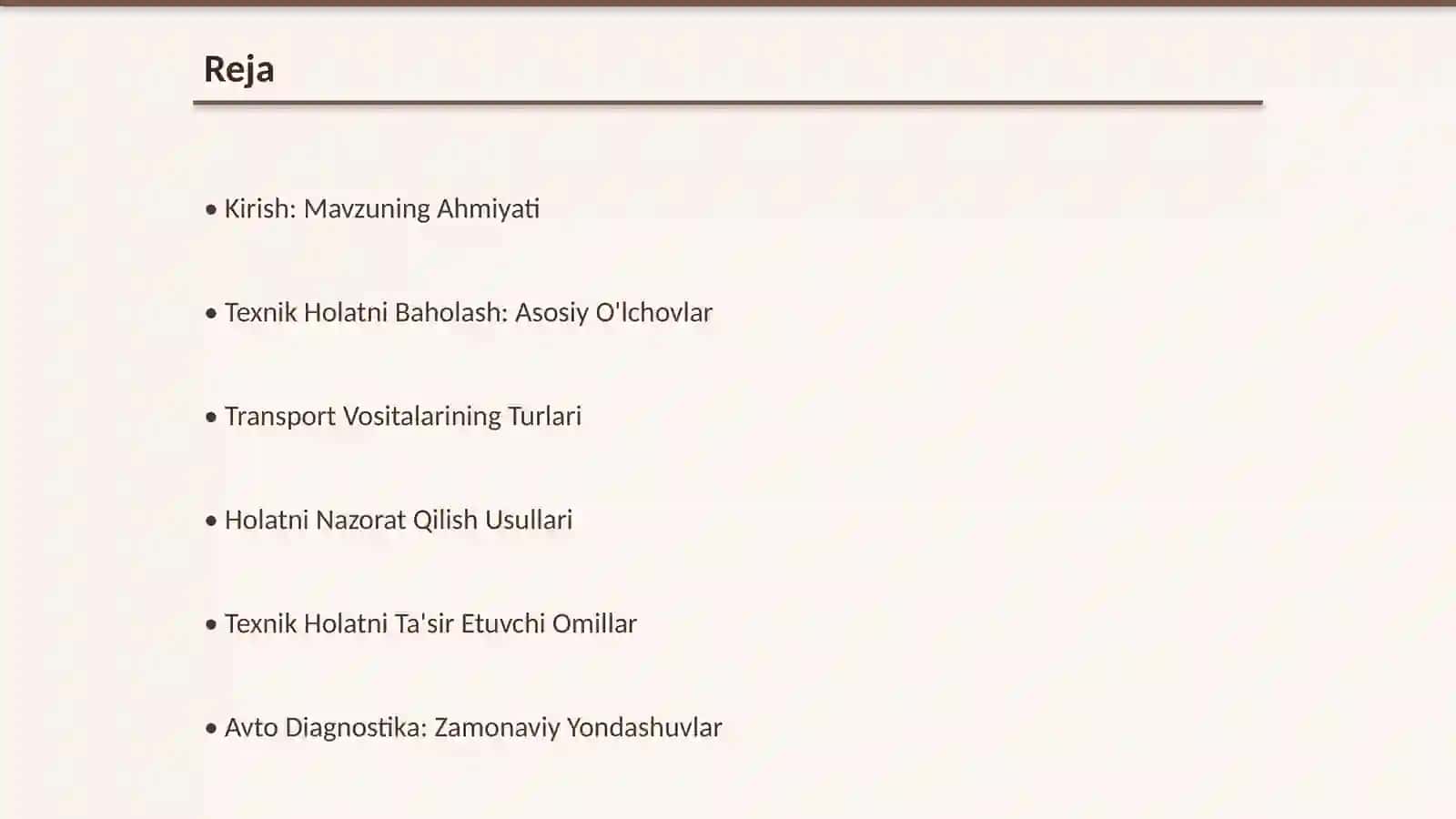 Transport Vositalarini Texnik Holatini Ko'zdan Kechirish 2